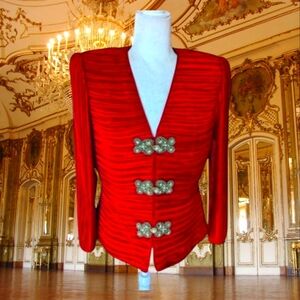 George F. Couture Red Vtg  Blazer Crinkled Textured Gold/Pearl Beaded Closure 12